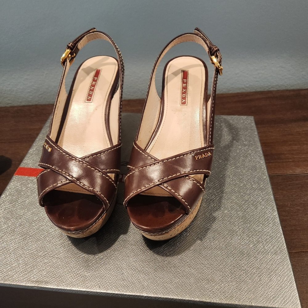 Prada Womens Brown Wedge Sandals, Size 35